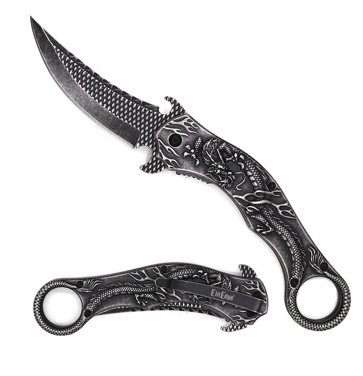 Stone Wash Dragon Sculpture 8.25” Karambit Tactical Spring Assisted Folding Pocket Knife