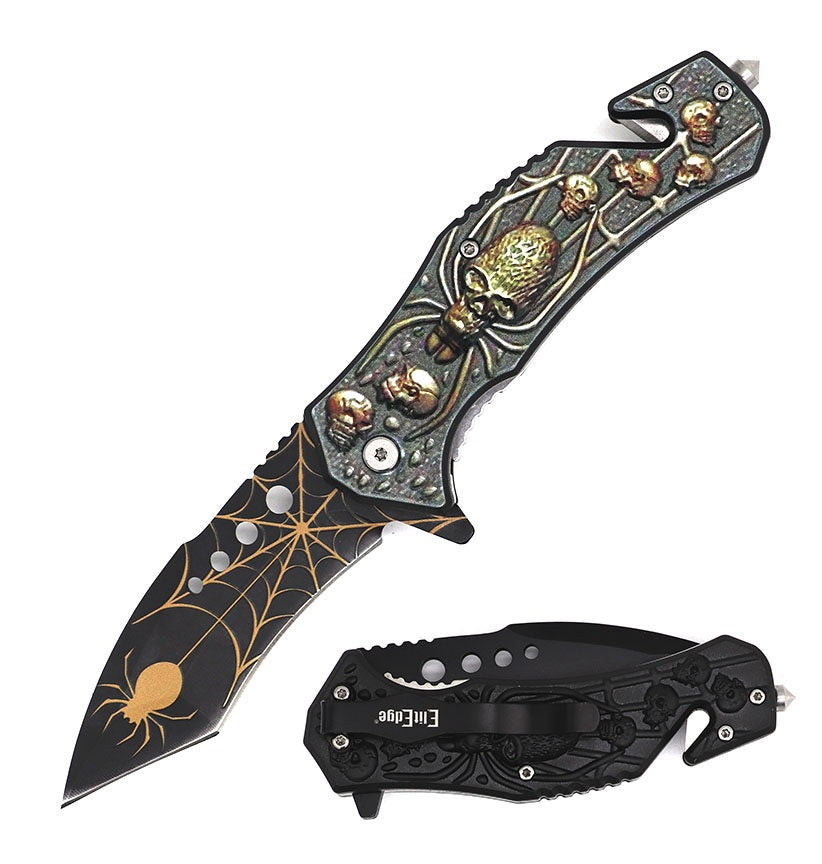 8.5" Brown Spider Skull Spring Assisted Pocket Knife Military Tactical