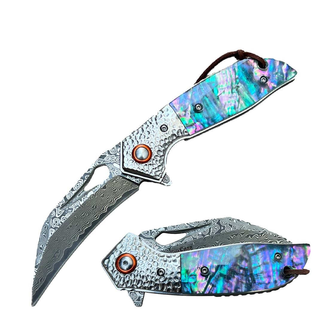 Ball Bearing Damascus Hawk Blade Pocket Knife with Abalone Handle