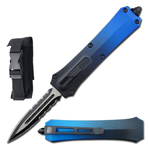 7" Dual Action Dagger Blade Reaper OTF Automatic Blue Pocket Knife