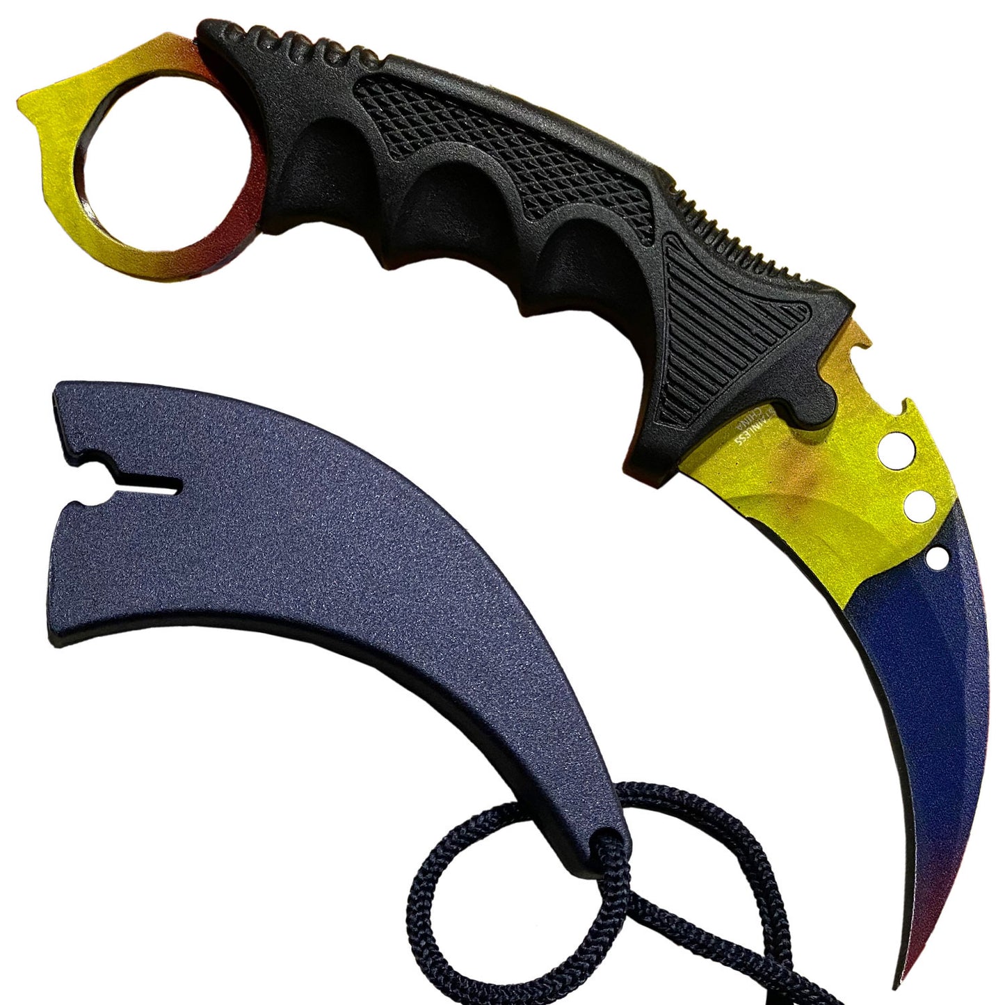 7.6" Marble Fade Combat Tactical CSGO Karambit Neck Knife w Sheath