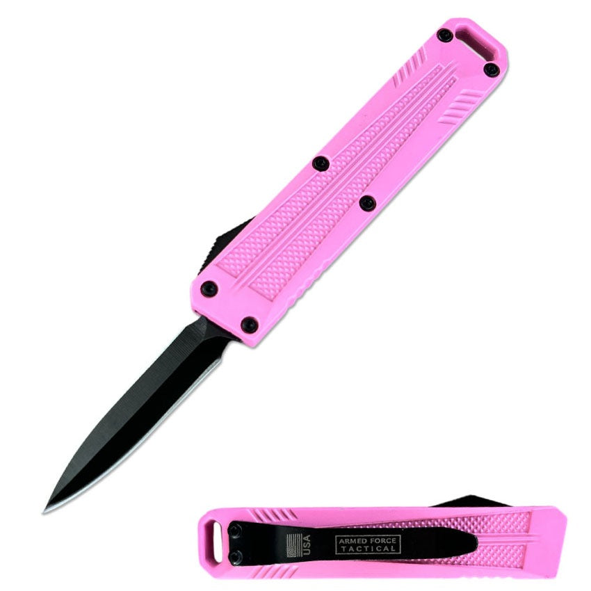 5" Pink California Legal Automatic OTF Knife with Belt Clip & Lanyard Hole