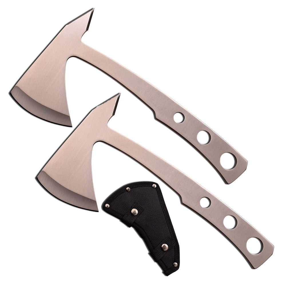 2 Pc Silver Double Throwing Axe Hatchet Tomahawk Spike Knife Set
