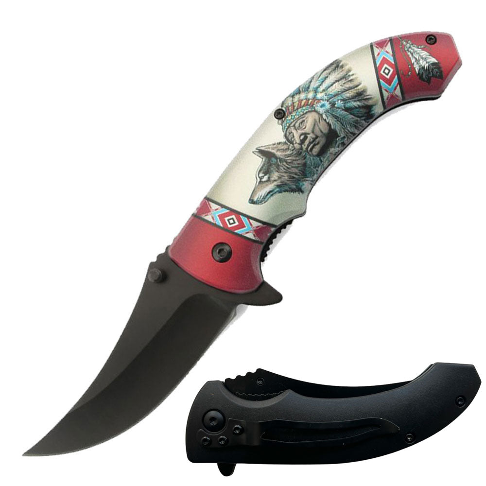 8" Native American Indian Spring Assisted Open Folding Pocket Knife Red