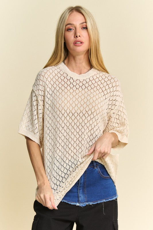 Davi & Dani Side Slit Openwork Round Neck Half Sleeve Knit Cover Up