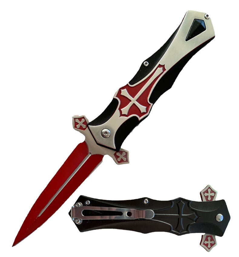 Crusader Cross Spring Assisted Pocket Knife Red