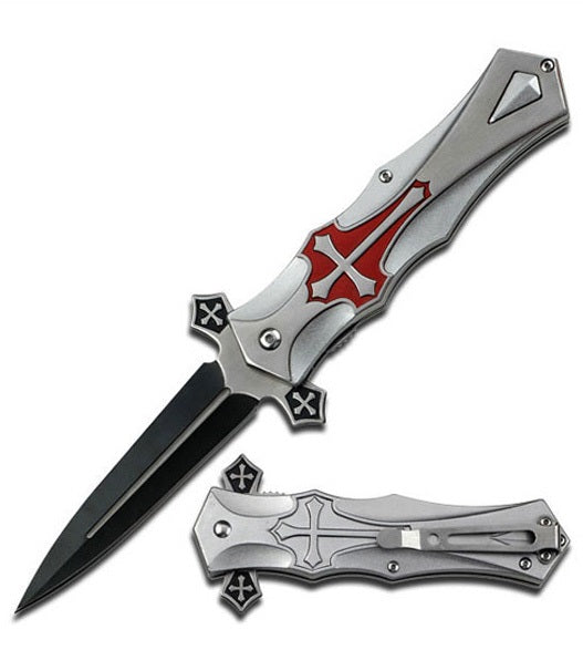 Crusader Cross Spring Assisted Pocket Knife Silver