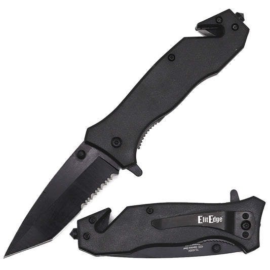 Black Tactical Spring Assisted Serrated Tanto Blade Folding Knife