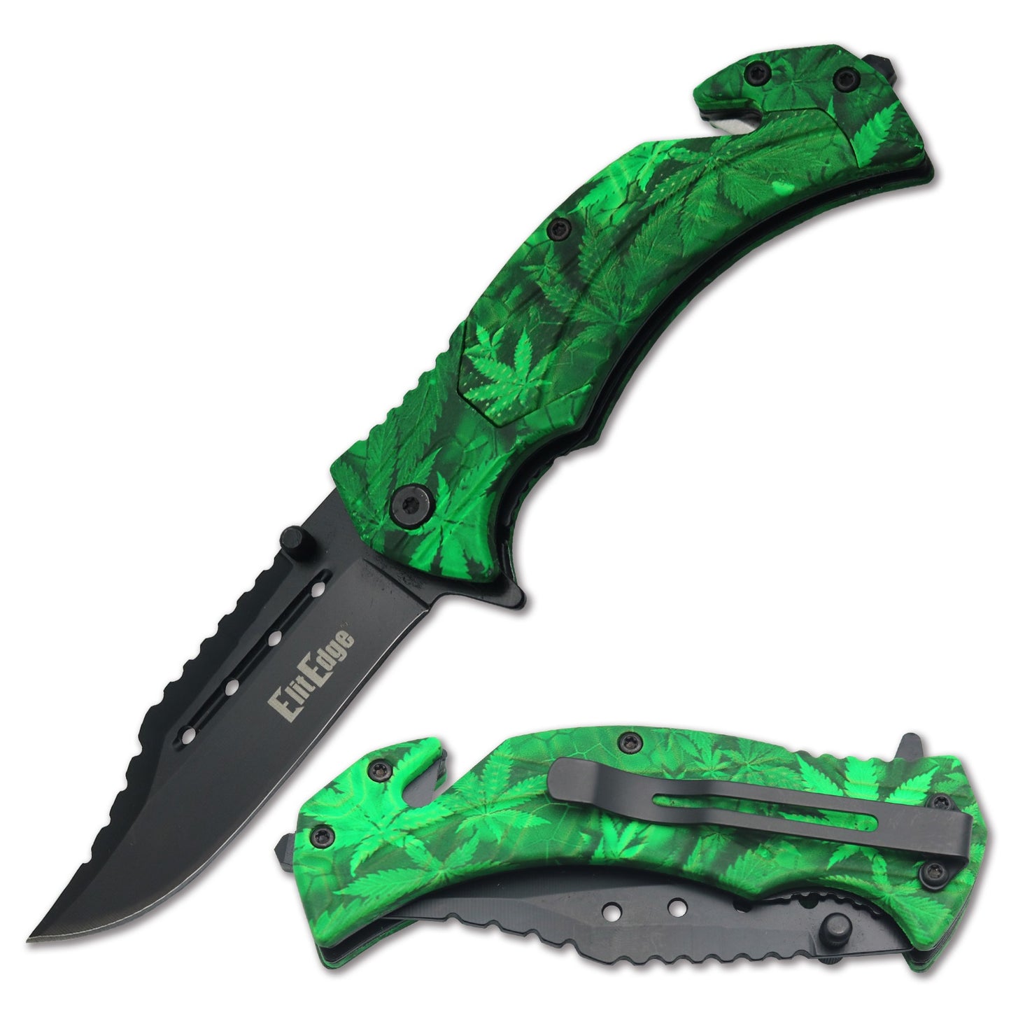 9" Cannabis Leaf Assisted Opening Rescue Tactical Pocket Folding Knife