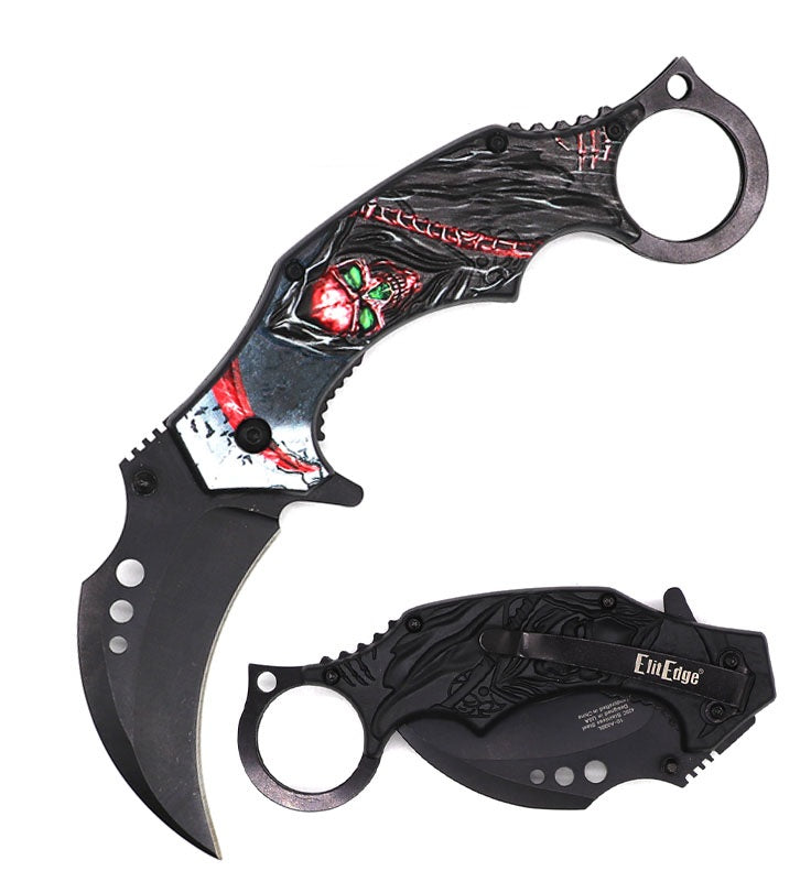 7.25 Inch Demon Of Death Grim Reaper Red Karambit Spring Assist Pocket Knife