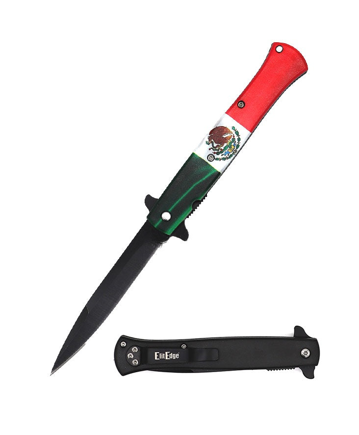 9" Mexican Flag Stiletto Style Spring Assist Opening Pocket Knife