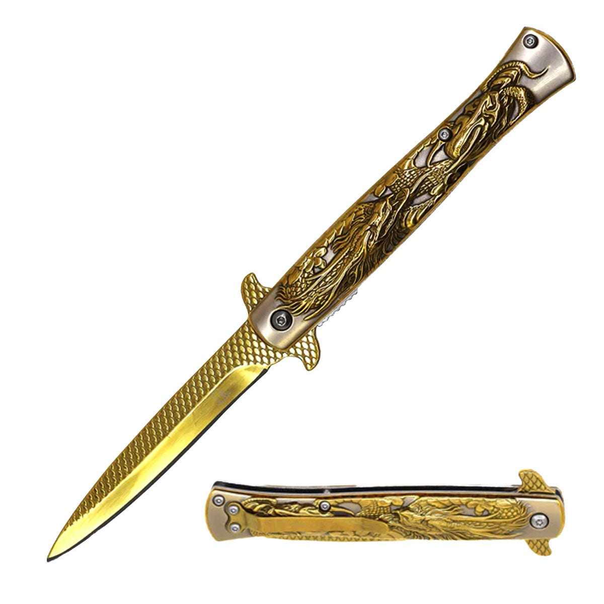 9” Golden Titanium Dragon Engraved Stiletto Style Spring Assist Pocket Knife