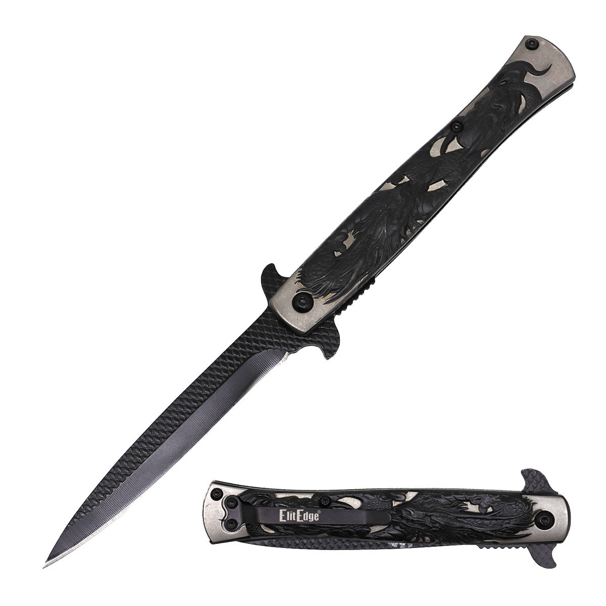 9” Dark Dragon Engraved Stiletto Style Spring Assist Pocket Knife