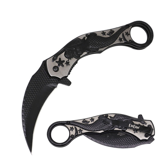 Black Mermaid Sculpture 9" Karambit Spring Assisted Open Blade Folding Pocket Knife