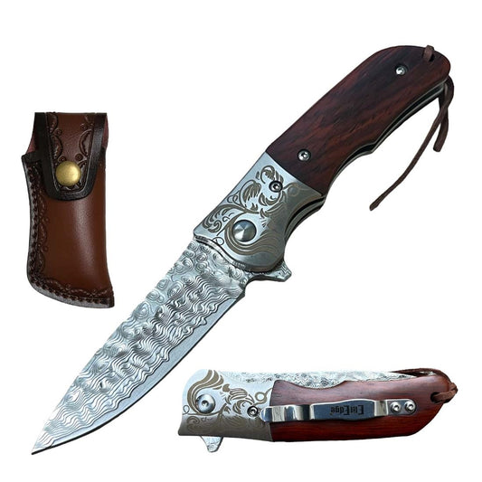 Ball Bearing Damascus Blade Pocket Knife with Wood Handle