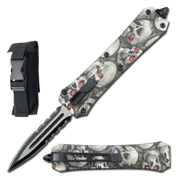 7" Dual Action Dagger Blade Reaper OTF Automatic Knife Grey Skulls