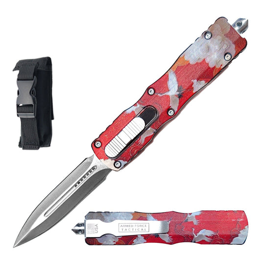 7.5" Red Crowned Crane Handle Automatic Dual Action Out The Front Knife
