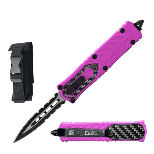 7" Dagger Point Serrated Blade with Pink Handle Carbon Fiber OTF Knife