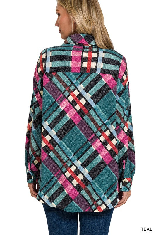 Jacquard Plaid Shacket With Pockets