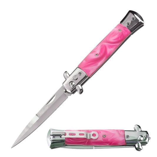 5" Closed Classic Stiletto Automatic Knife - Pink Pearl Handle
