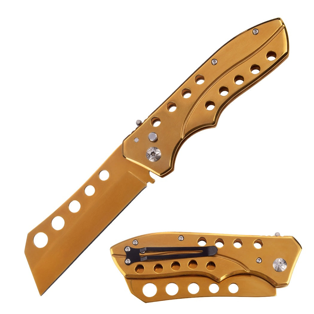 5.35" Closed Golden Switchblade Automatic Metal Cleaver Blade Knife