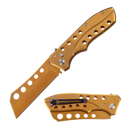 5.35" Closed Golden Switchblade Automatic Metal Cleaver Blade Knife