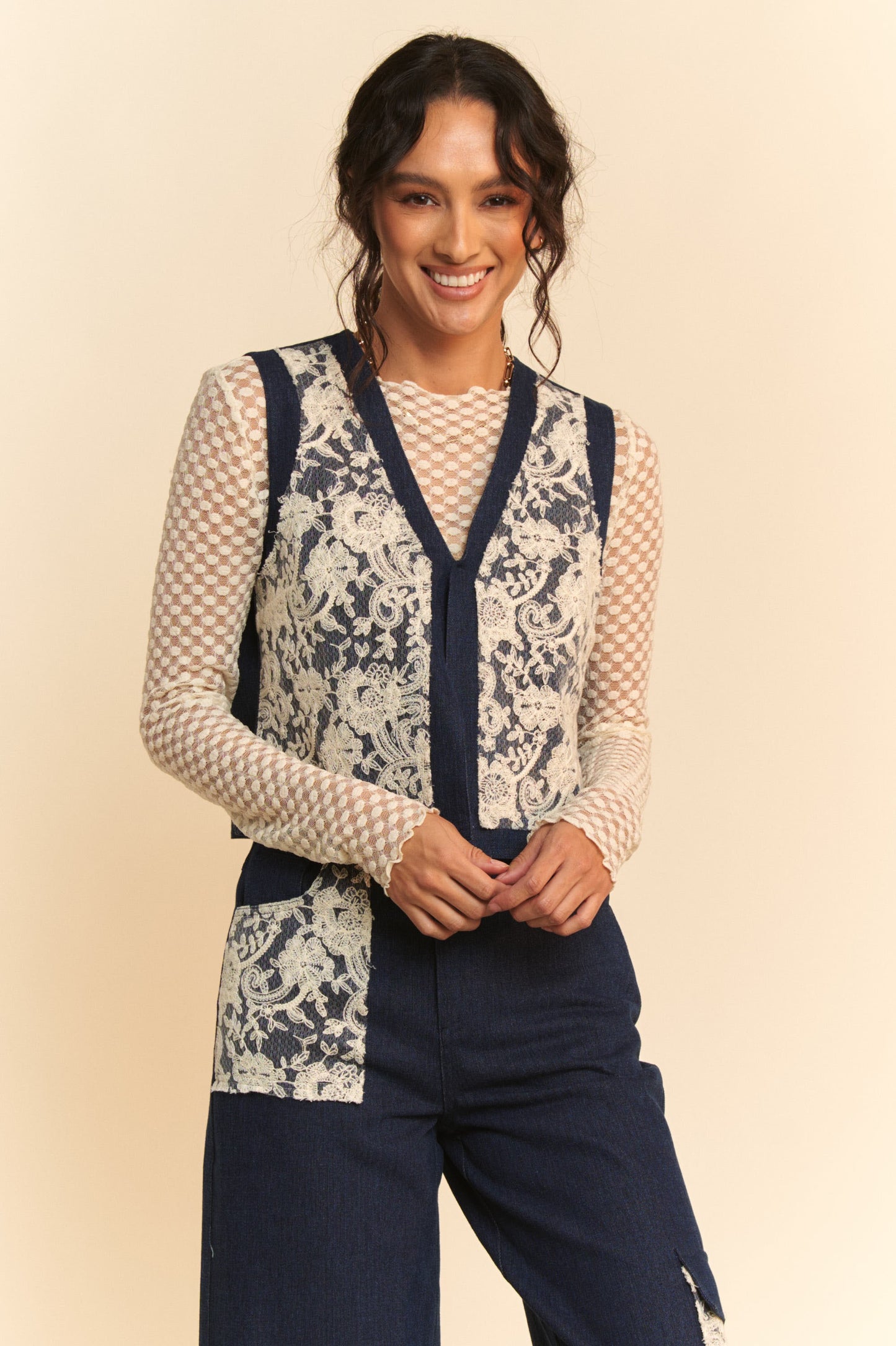 Davi & Dani Lace Patch Open Front Denim Vest