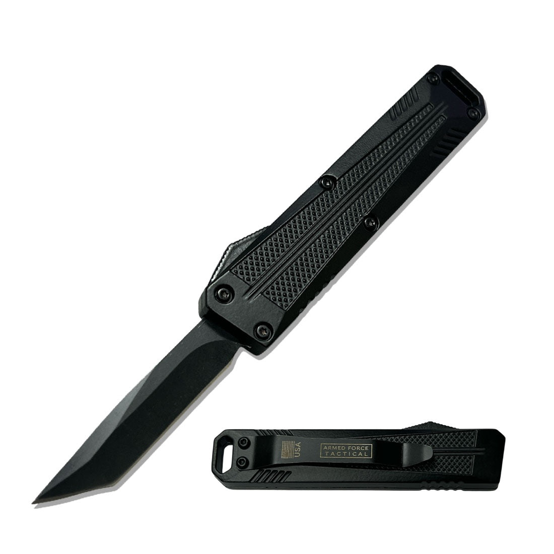 5" Black Tanto Blade Automatic OTF Knife with Belt Clip & Lanyard Hole