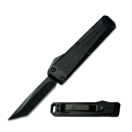 5" Black Tanto Blade Automatic OTF Knife with Belt Clip & Lanyard Hole