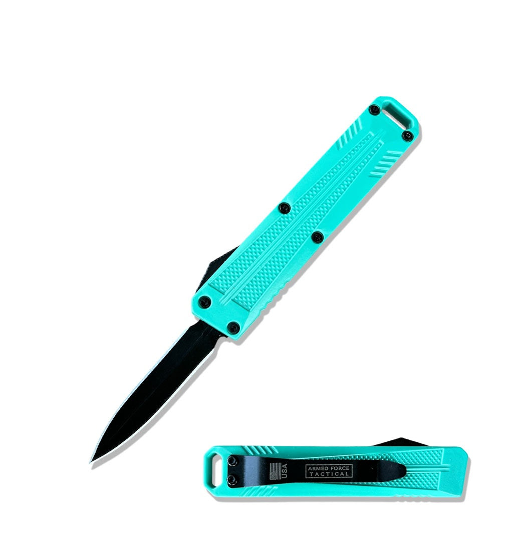 5" Turquoise California Legal Automatic OTF Knife with Belt Clip & Lanyard Hole