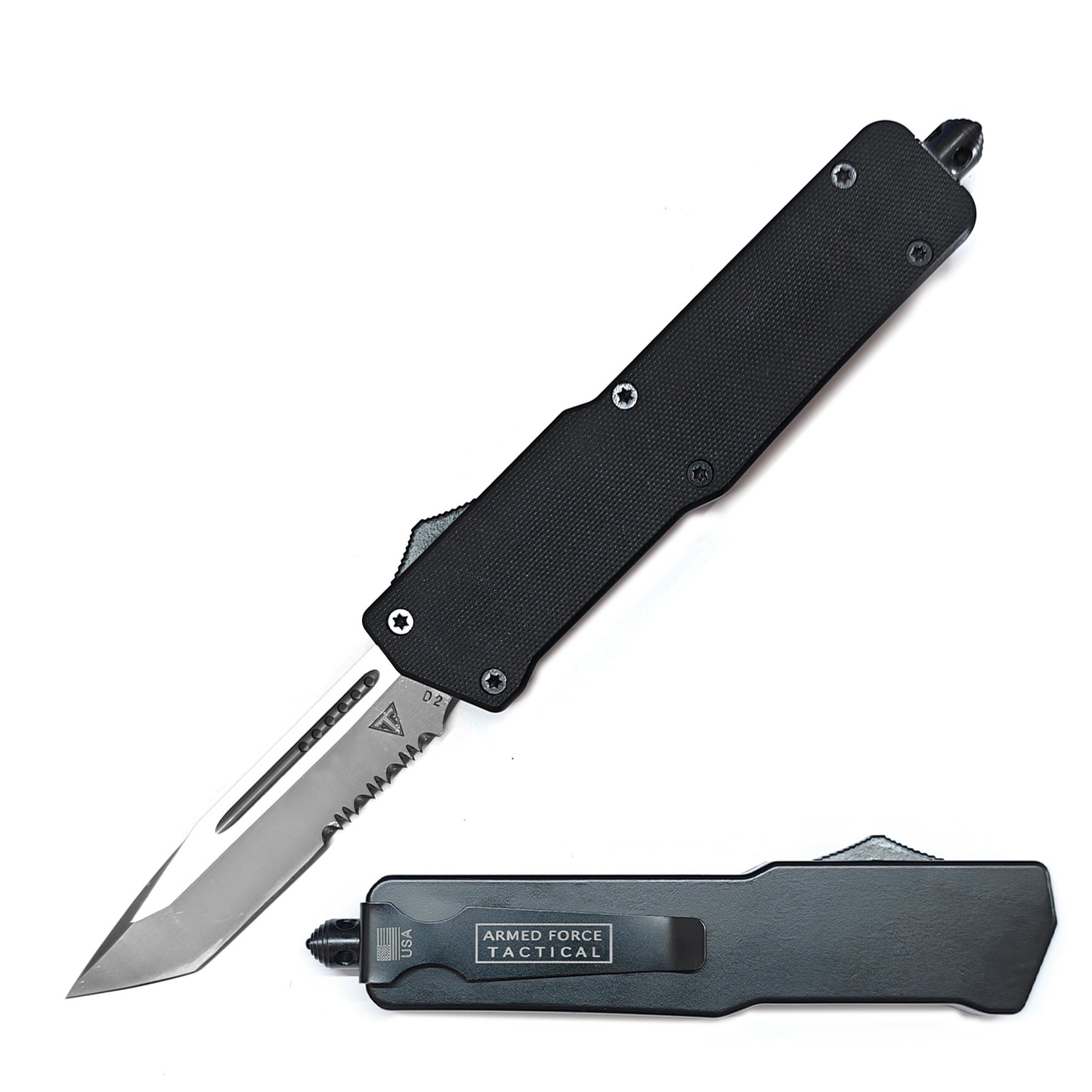 9.75" D2 Steel Tanto Serrated Blade Automatic OTF Knife Black G10 Handle