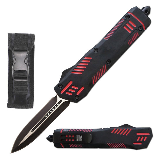 9" Automatic Dual Action Red Pitbull OTF Dagger Blade Knife