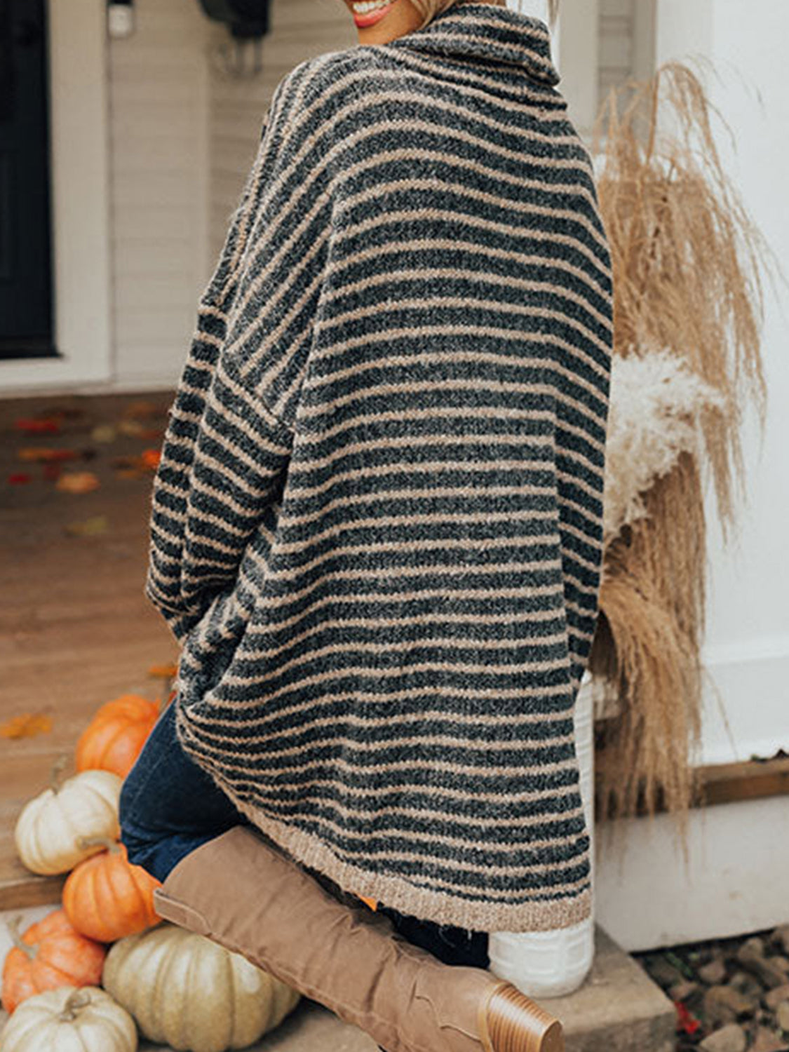 Striped Turtleneck Sweater with Pockets