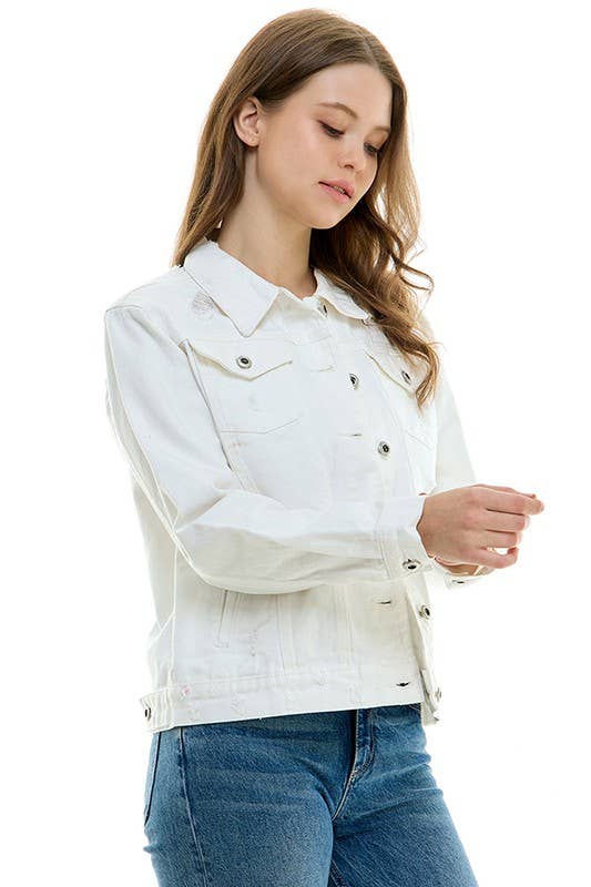 LADY CASUAL COTTON DENIM JEAN JACKET (OPEN PACK): Medium Blue / 100% Cotton / L