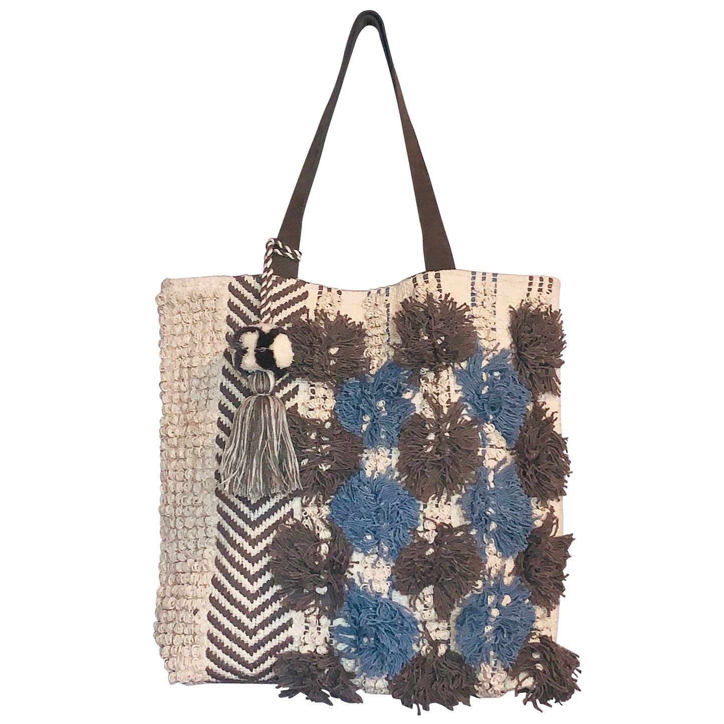 Chloe Blue/Grey Shaggy Squares Cotton Canvas Tote Bag