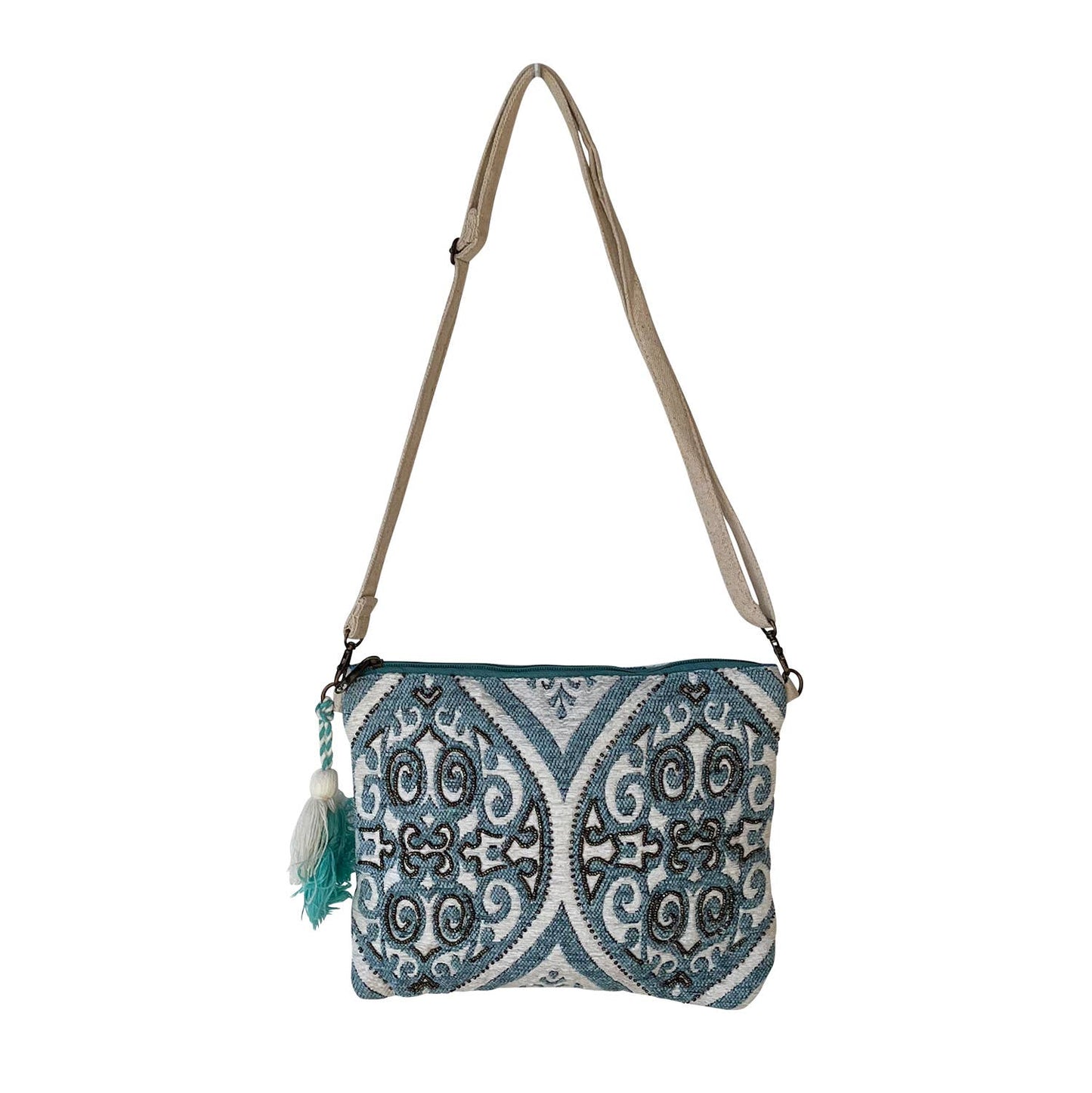 Blue White Scroll Print Pure Cotton Crossbody Bag for Women