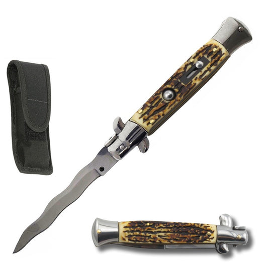 9" Stag Handle Italian Stiletto Switch Kris Blade Pocket Knife