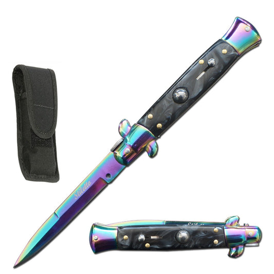 8.75" Titanium Italian Stiletto Automatic Knife Black Pearl Handle