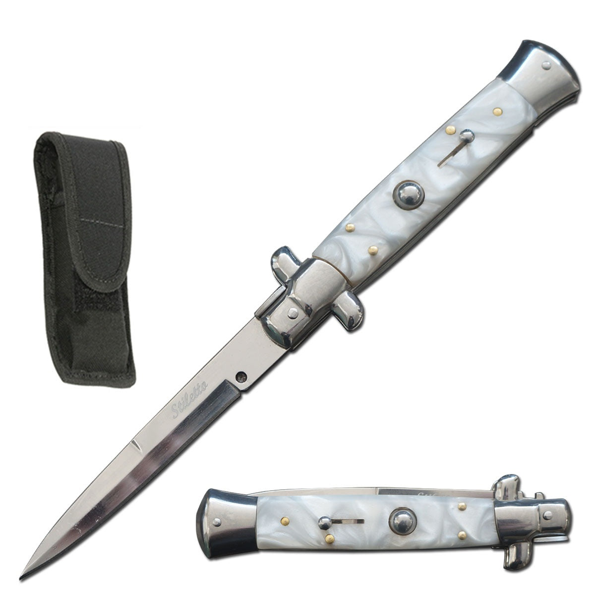 8.75" Italian Stiletto Automatic Knife White Marble Handle