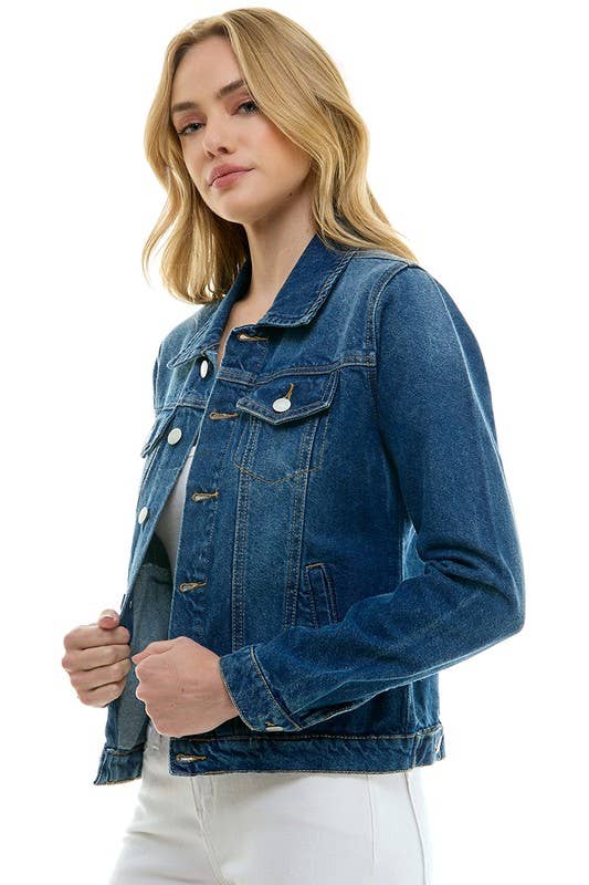 LADY CASUAL COTTON DENIM JEAN JACKET (OPEN PACK): Medium Blue / 100% Cotton / L