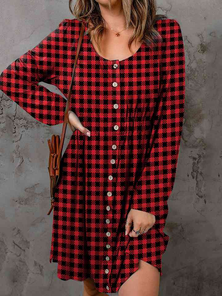 Full Size Plaid Round Neck Long Sleeve Magic Dress